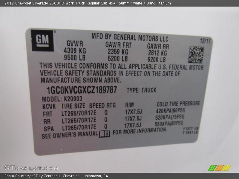 Summit White / Dark Titanium 2012 Chevrolet Silverado 2500HD Work Truck Regular Cab 4x4