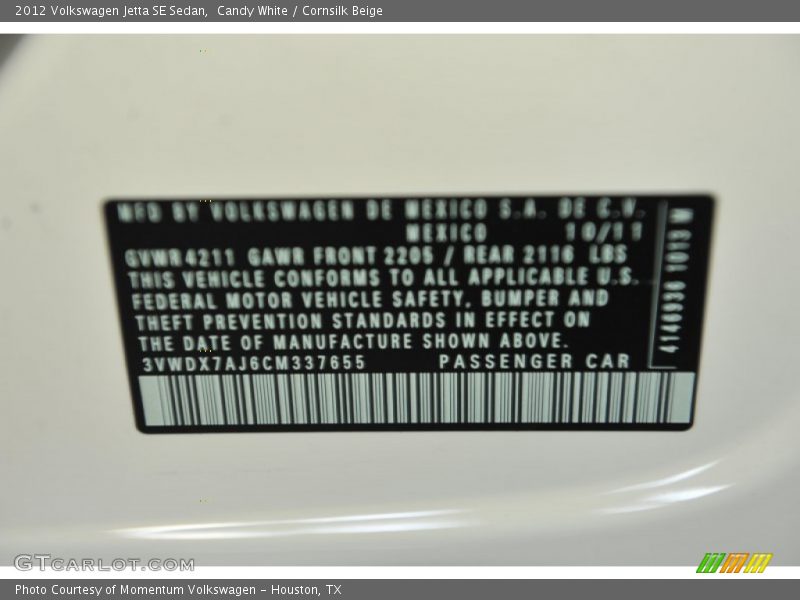 Candy White / Cornsilk Beige 2012 Volkswagen Jetta SE Sedan