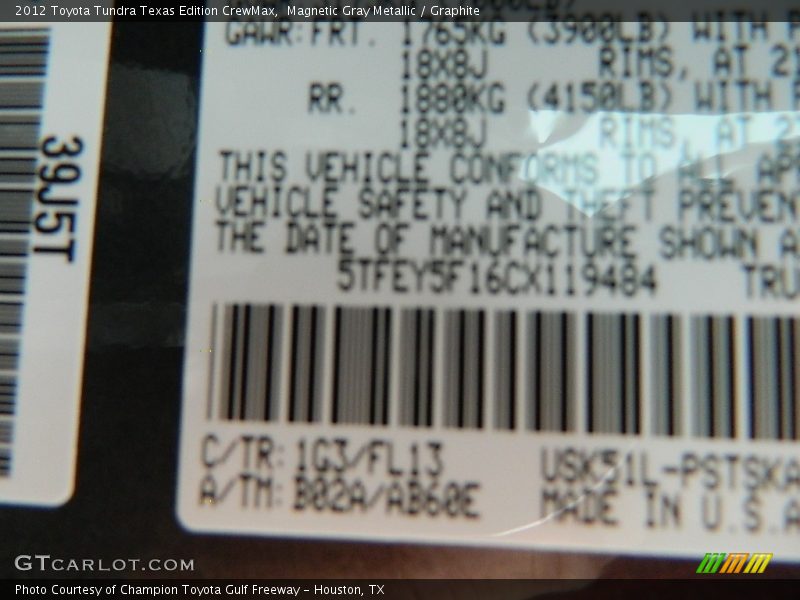 Magnetic Gray Metallic / Graphite 2012 Toyota Tundra Texas Edition CrewMax