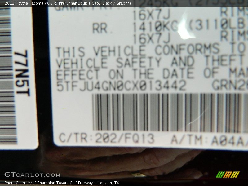 Black / Graphite 2012 Toyota Tacoma V6 SR5 Prerunner Double Cab