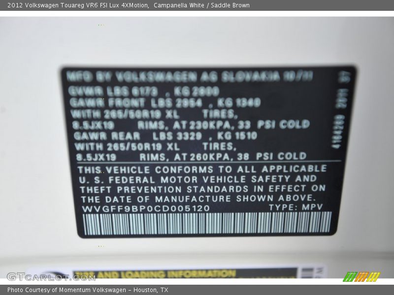 Campanella White / Saddle Brown 2012 Volkswagen Touareg VR6 FSI Lux 4XMotion