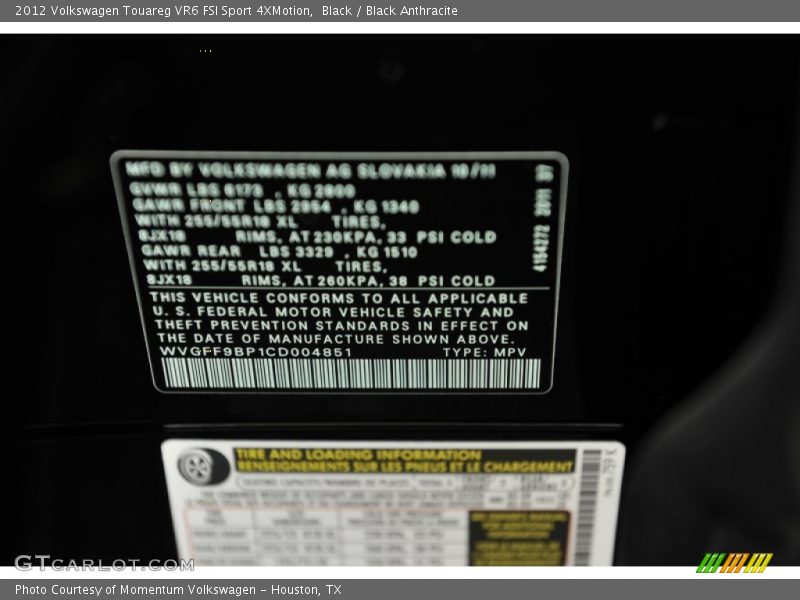 Black / Black Anthracite 2012 Volkswagen Touareg VR6 FSI Sport 4XMotion
