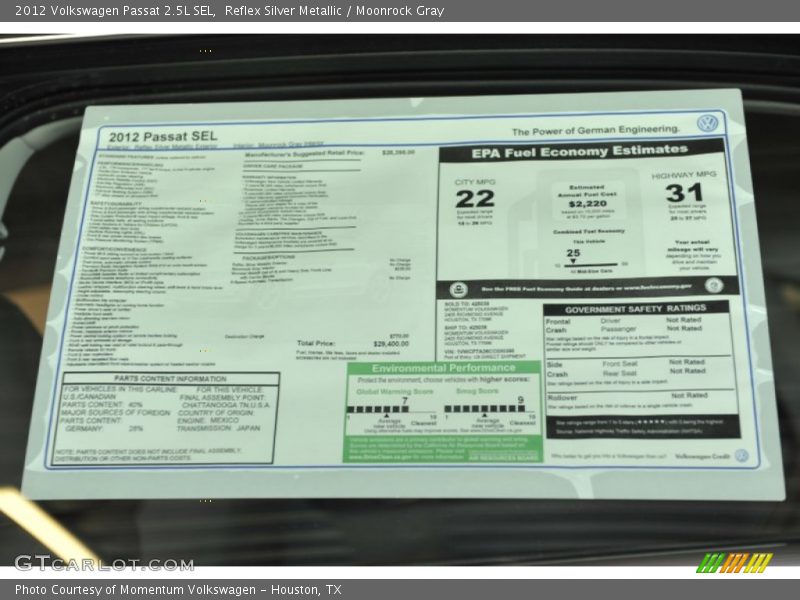  2012 Passat 2.5L SEL Window Sticker