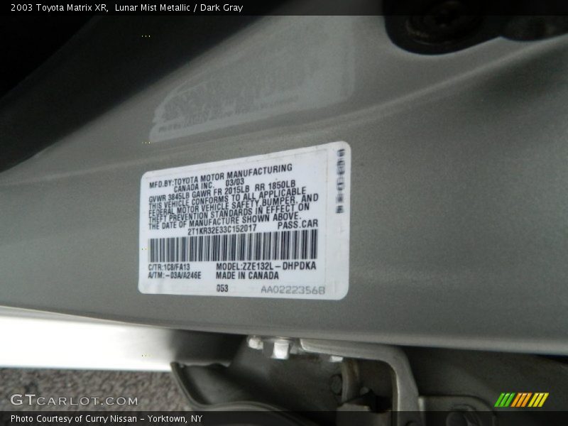 Lunar Mist Metallic / Dark Gray 2003 Toyota Matrix XR