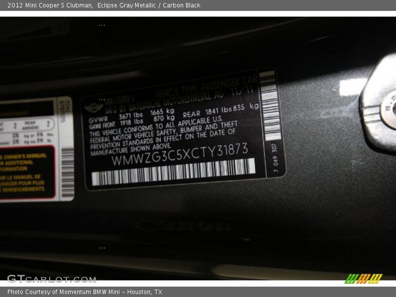 Eclipse Gray Metallic / Carbon Black 2012 Mini Cooper S Clubman