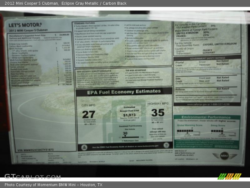 Eclipse Gray Metallic / Carbon Black 2012 Mini Cooper S Clubman