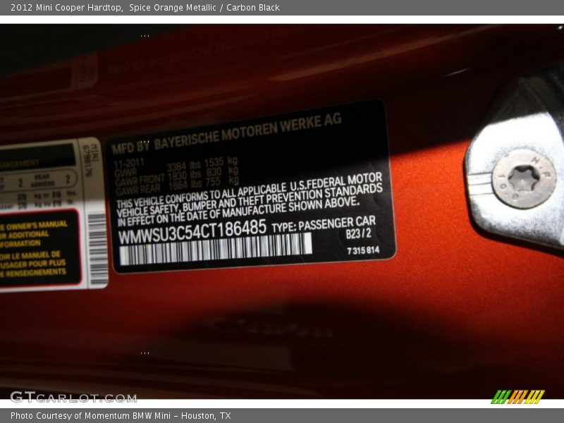 Spice Orange Metallic / Carbon Black 2012 Mini Cooper Hardtop