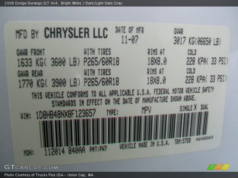 Bright White / Dark/Light Slate Gray 2008 Dodge Durango SLT 4x4