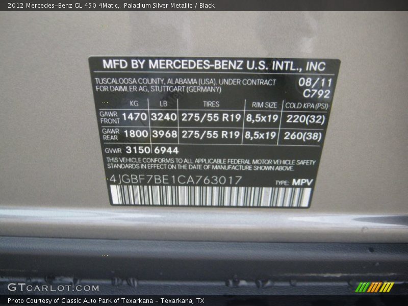 Paladium Silver Metallic / Black 2012 Mercedes-Benz GL 450 4Matic