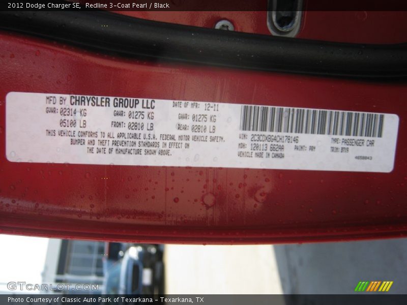 Redline 3-Coat Pearl / Black 2012 Dodge Charger SE