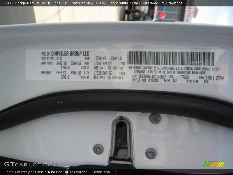 Bright White / Dark Slate/Medium Graystone 2012 Dodge Ram 3500 HD Lone Star Crew Cab 4x4 Dually