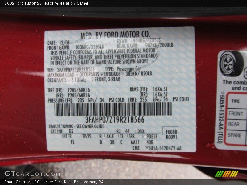 2009 Fusion SE Redfire Metallic Color Code G2