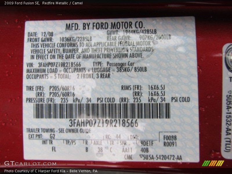 2009 Fusion SE Redfire Metallic Color Code G2