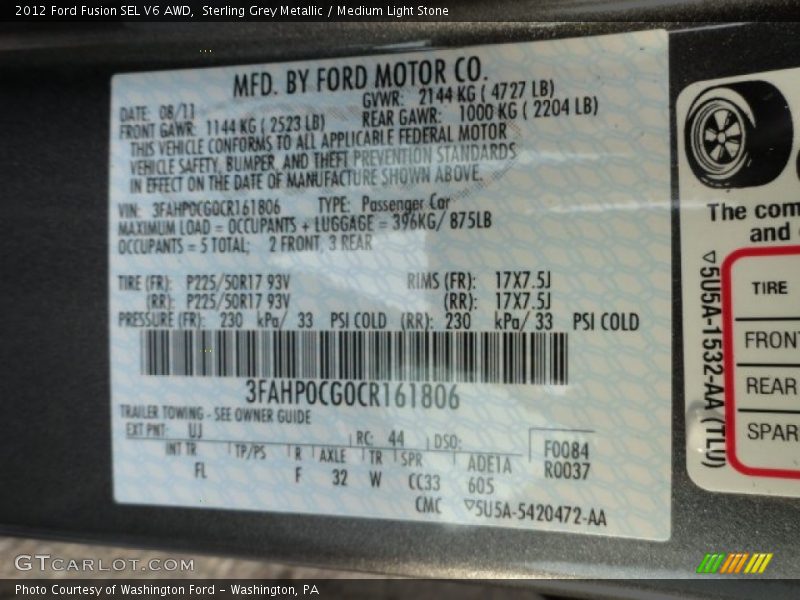 Sterling Grey Metallic / Medium Light Stone 2012 Ford Fusion SEL V6 AWD