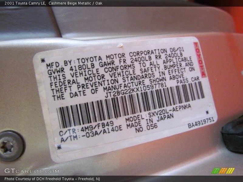 Cashmere Beige Metallic / Oak 2001 Toyota Camry LE