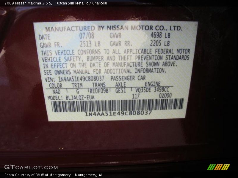 Tuscan Sun Metallic / Charcoal 2009 Nissan Maxima 3.5 S
