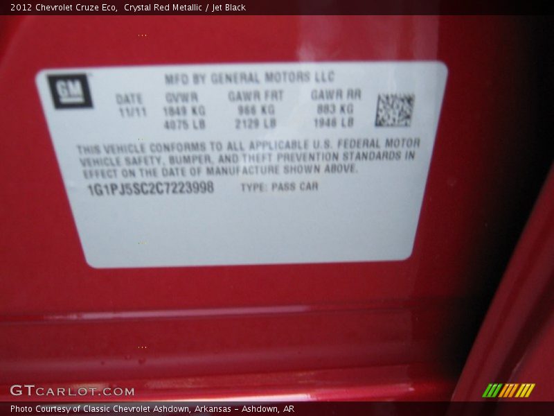 Crystal Red Metallic / Jet Black 2012 Chevrolet Cruze Eco