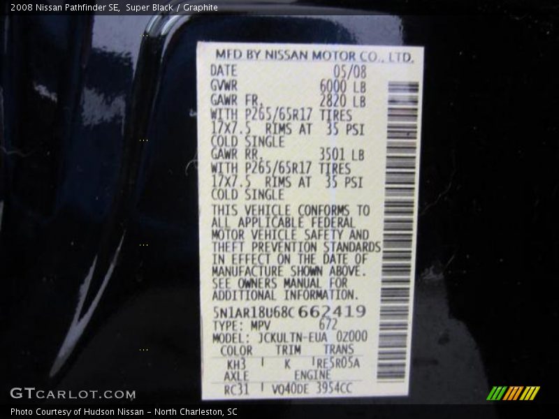 Super Black / Graphite 2008 Nissan Pathfinder SE