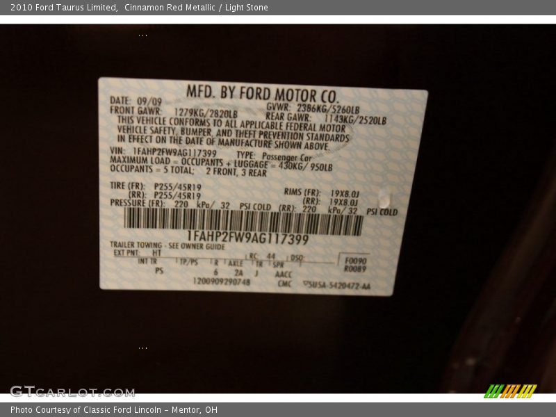 Cinnamon Red Metallic / Light Stone 2010 Ford Taurus Limited