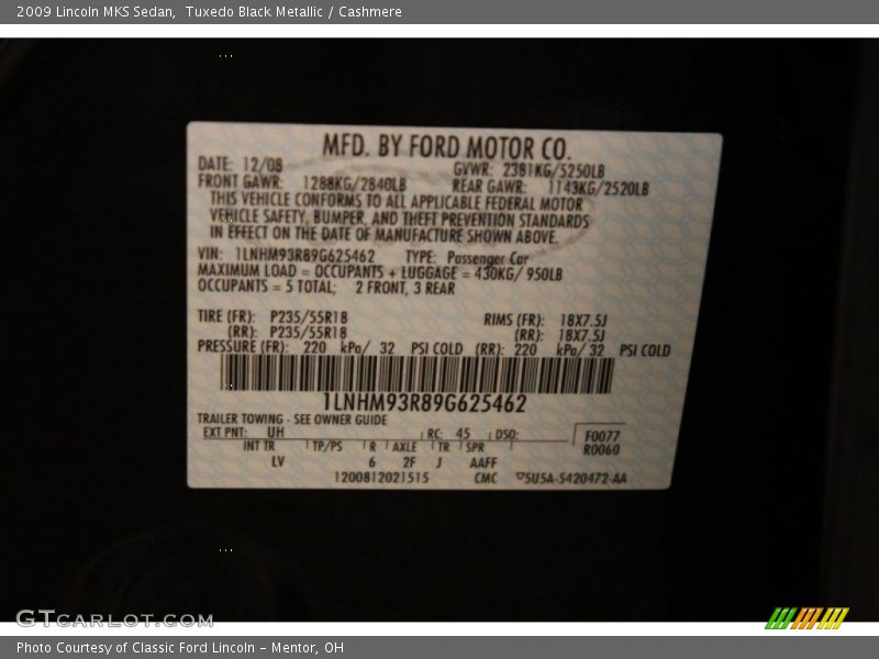 Tuxedo Black Metallic / Cashmere 2009 Lincoln MKS Sedan