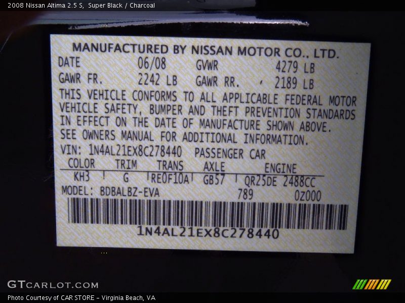 Super Black / Charcoal 2008 Nissan Altima 2.5 S