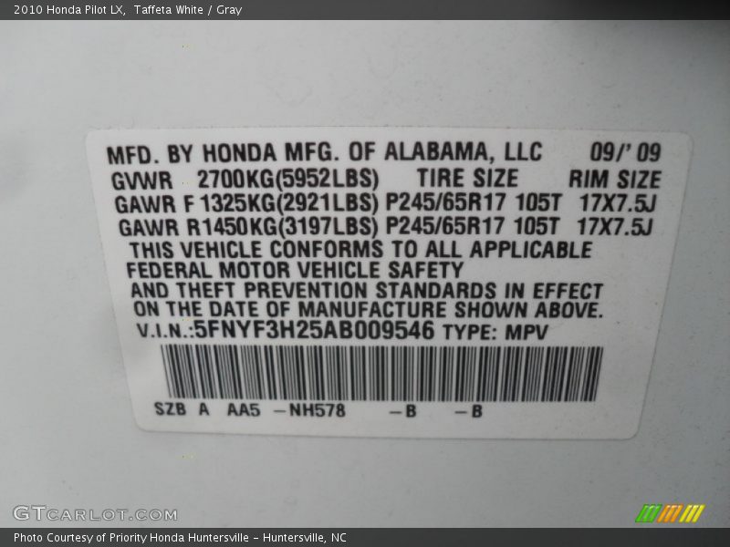 Taffeta White / Gray 2010 Honda Pilot LX