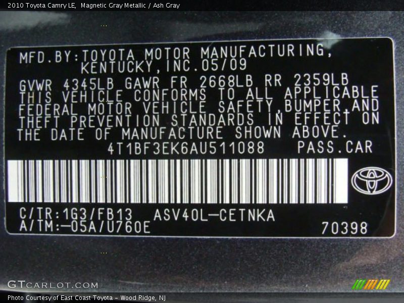 Magnetic Gray Metallic / Ash Gray 2010 Toyota Camry LE