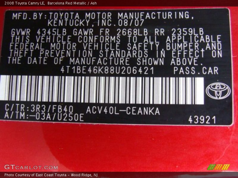 Barcelona Red Metallic / Ash 2008 Toyota Camry LE