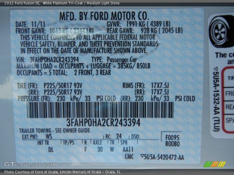 White Platinum Tri-Coat / Medium Light Stone 2012 Ford Fusion SE