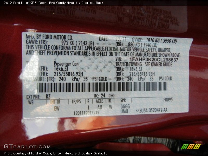 Red Candy Metallic / Charcoal Black 2012 Ford Focus SE 5-Door