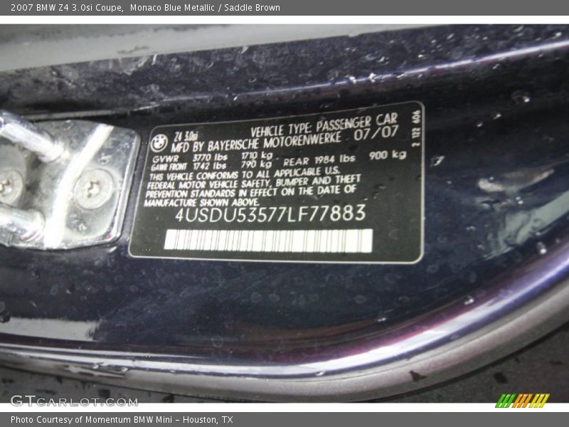 Monaco Blue Metallic / Saddle Brown 2007 BMW Z4 3.0si Coupe