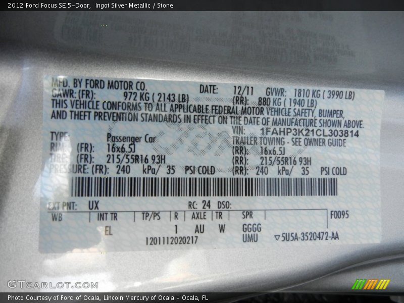 Ingot Silver Metallic / Stone 2012 Ford Focus SE 5-Door
