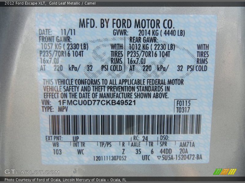 Gold Leaf Metallic / Camel 2012 Ford Escape XLT