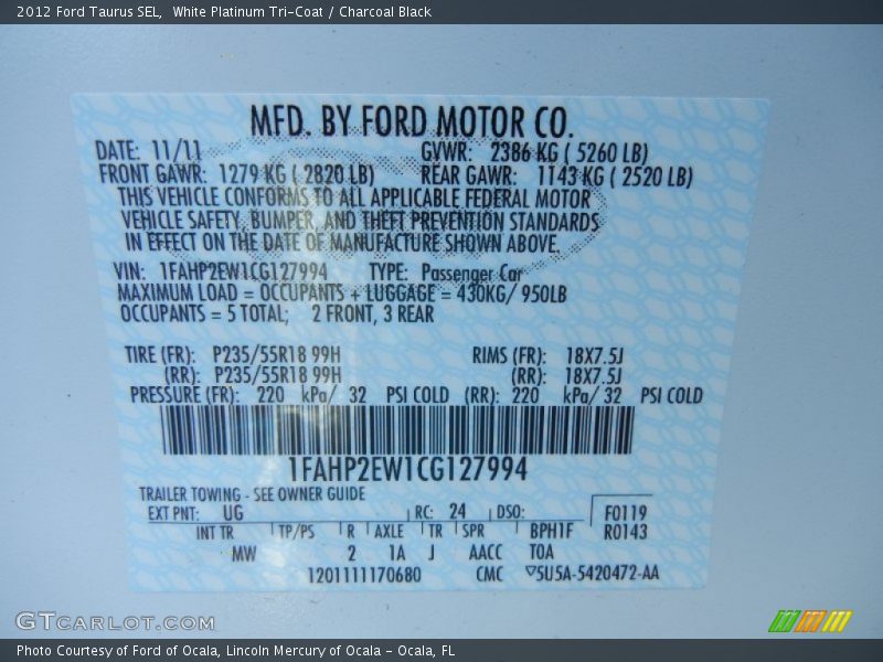2012 Taurus SEL White Platinum Tri-Coat Color Code UG