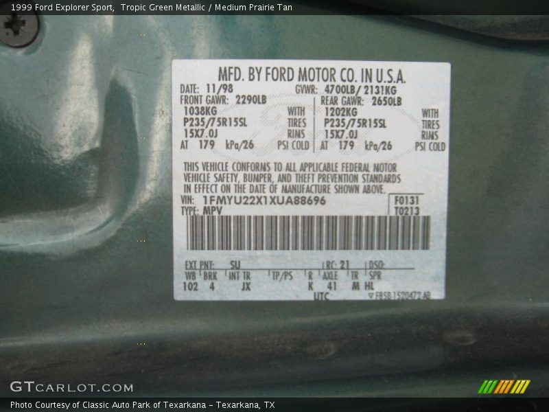 1999 Explorer Sport Tropic Green Metallic Color Code SU