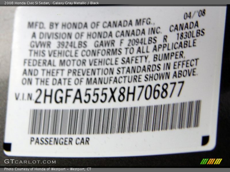 Galaxy Gray Metallic / Black 2008 Honda Civic Si Sedan