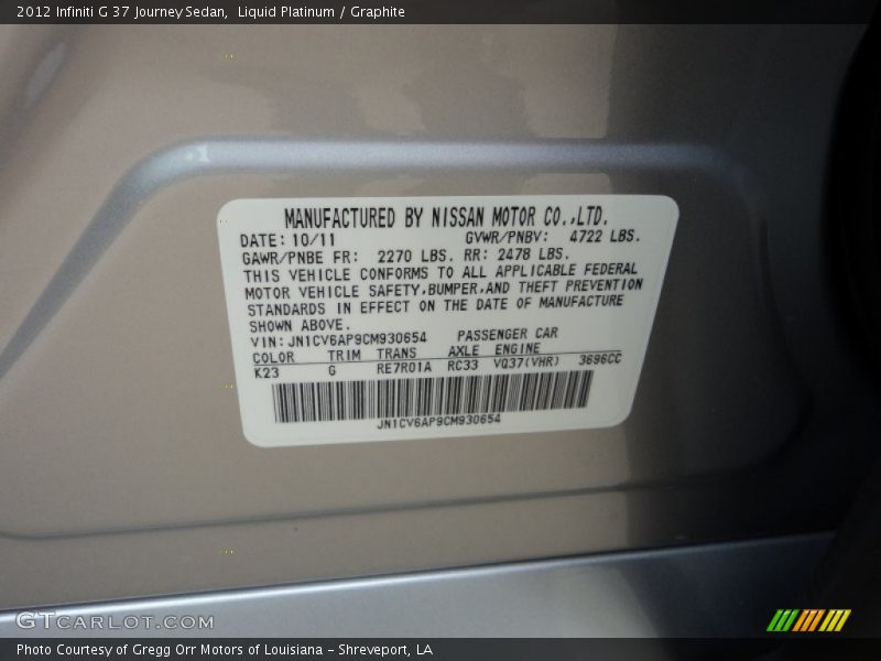 Liquid Platinum / Graphite 2012 Infiniti G 37 Journey Sedan