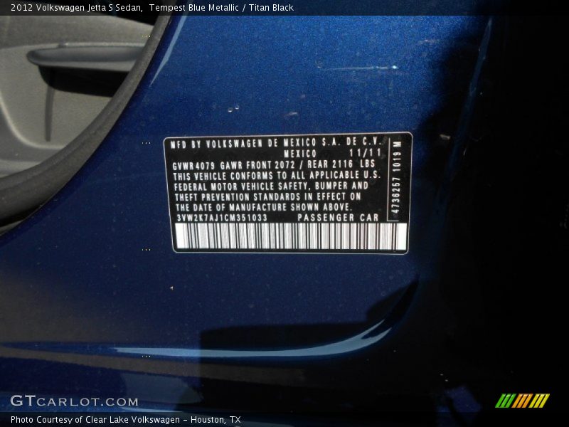Tempest Blue Metallic / Titan Black 2012 Volkswagen Jetta S Sedan