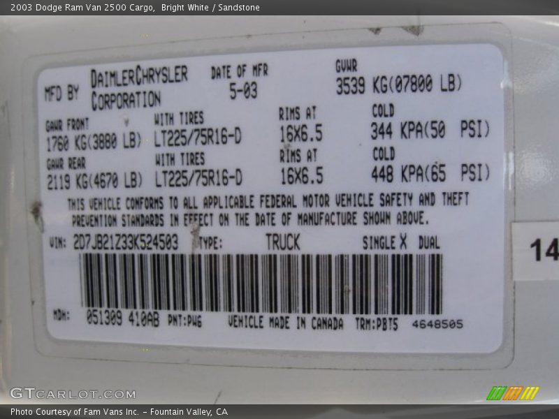 Bright White / Sandstone 2003 Dodge Ram Van 2500 Cargo