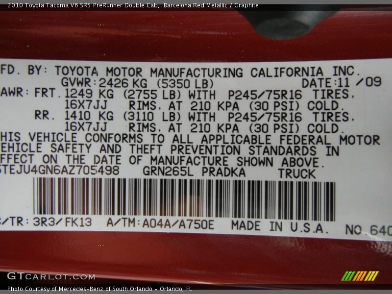 2010 Tacoma V6 SR5 PreRunner Double Cab Barcelona Red Metallic Color Code 3R3