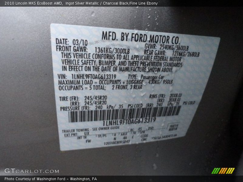 Ingot Silver Metallic / Charcoal Black/Fine Line Ebony 2010 Lincoln MKS EcoBoost AWD