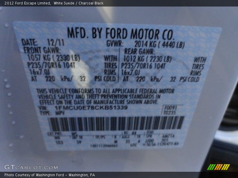 White Suede / Charcoal Black 2012 Ford Escape Limited