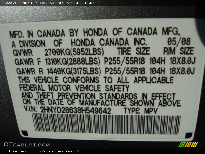 Sterling Gray Metallic / Taupe 2008 Acura MDX Technology