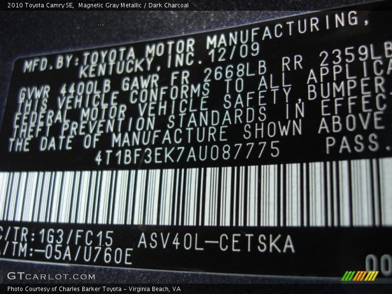 Magnetic Gray Metallic / Dark Charcoal 2010 Toyota Camry SE