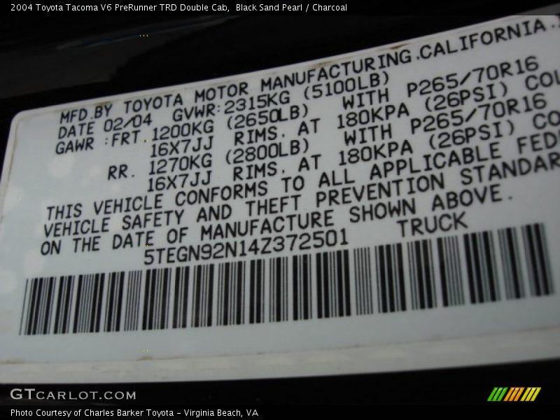Black Sand Pearl / Charcoal 2004 Toyota Tacoma V6 PreRunner TRD Double Cab
