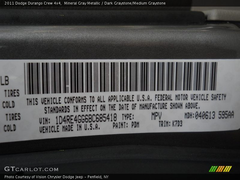 Mineral Gray Metallic / Dark Graystone/Medium Graystone 2011 Dodge Durango Crew 4x4