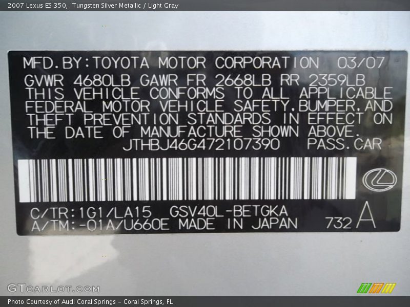 Tungsten Silver Metallic / Light Gray 2007 Lexus ES 350