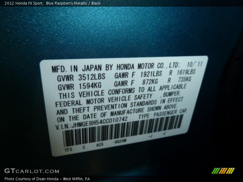 Blue Raspberry Metallic / Black 2012 Honda Fit Sport