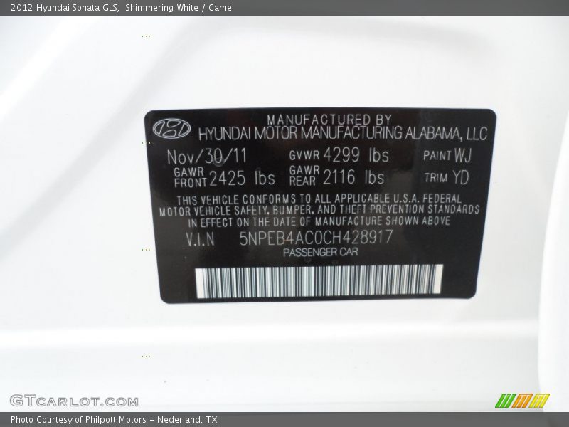 Shimmering White / Camel 2012 Hyundai Sonata GLS
