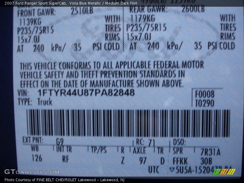 2007 Ranger Sport SuperCab Vista Blue Metallic Color Code G9